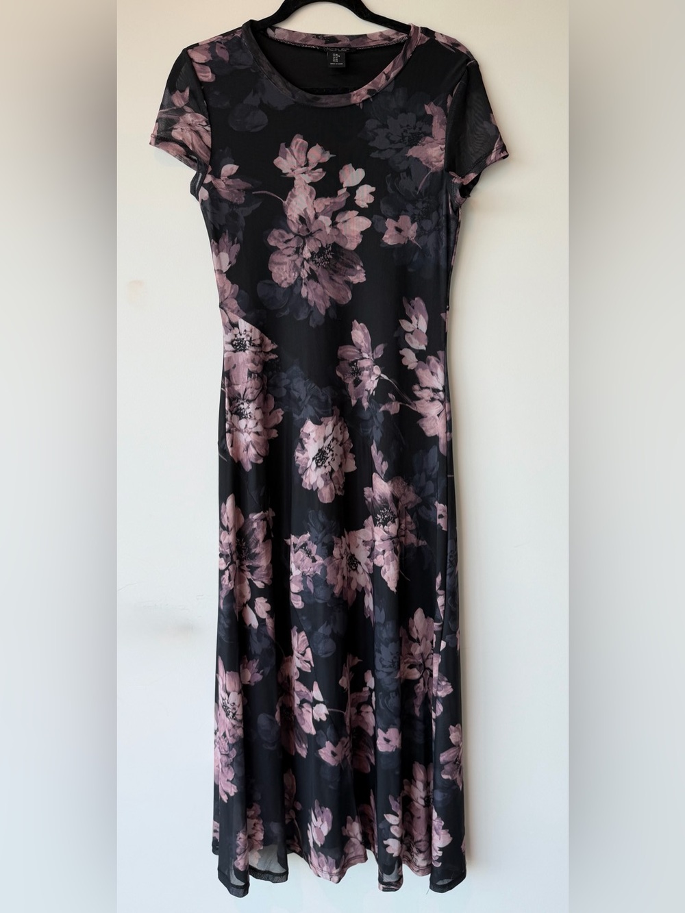 Rachel Zoe Black Floral Midi Mesh Dress with Pink Blossoms